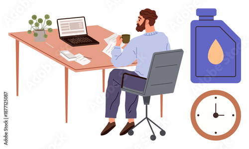 Remote work, productivity management, time efficiency, office routine, business planning, multitasking. A man sits at a desk with a laptop, coffee and documents. Productivity and time efficiency