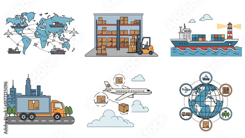 Global Logistics Network: Shipping, Delivery, Warehouse, Truck, Plane, Ship