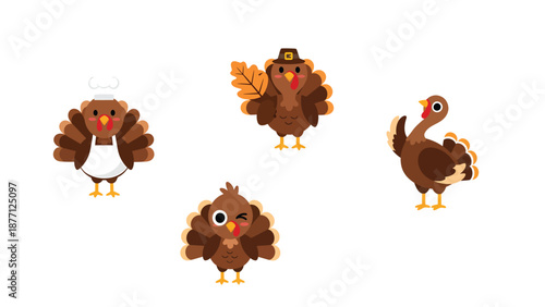 Cute Cartoon Thanksgiving Turkeys Set with Chef, Pilgrim, and Winking Bird Vector Illustration