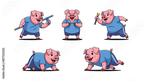 Playful Cartoon Pig Character Vector Set in Diverse Poses and Activities