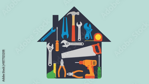House shape filled with tools, DIY, home repair and renovation concept