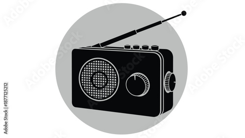 A classic vintage radio with an extendable antenna sits on a gray circular background.