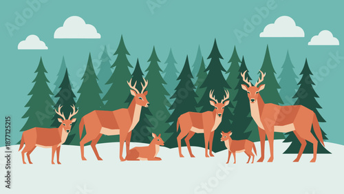 Herd of Deer in Snowy Forest - Winter Woodland Scene Illustration