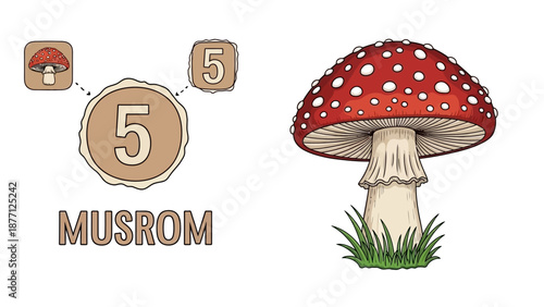 Illustration of a Fly Agaric Mushroom and Number 5