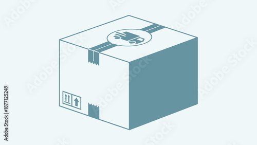 Isometric cardboard box with shipping symbols and logo, clean design