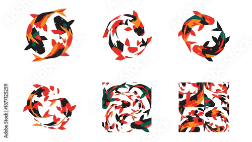 Japanese Koi Fish Swirling in Circular Patterns - Vector Graphics