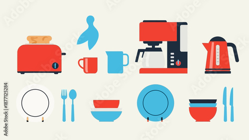Kitchen Appliances and Utensils Flat Design Icons Set