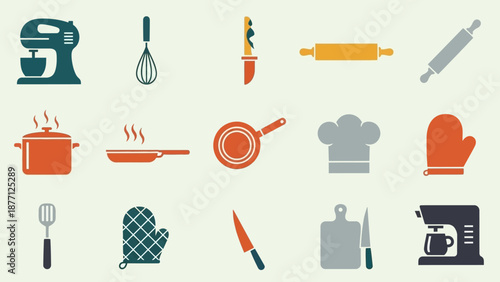 Kitchen Utensils and Appliances Flat Icons Set
