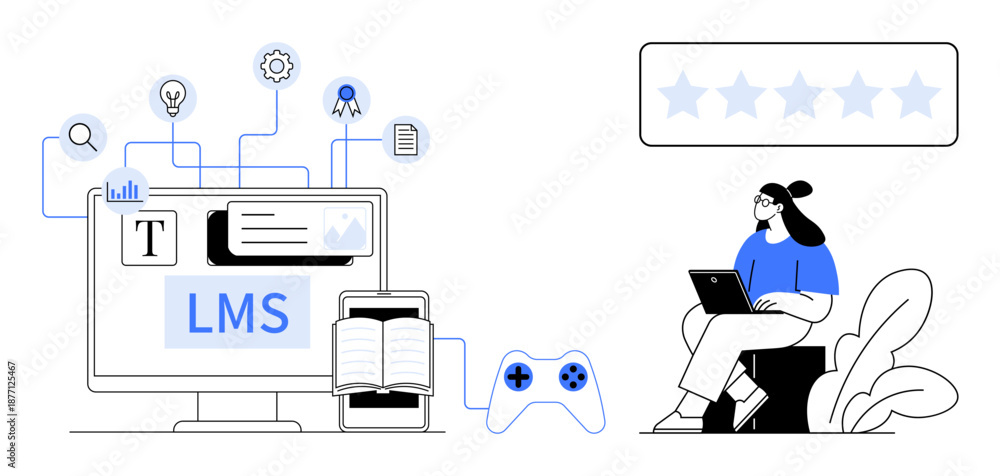 Fototapeta premium Learning management system. A creative setup with LMS, digital books, and interactive tools a connected learning experience. Learning management systems enhance online education and gamified