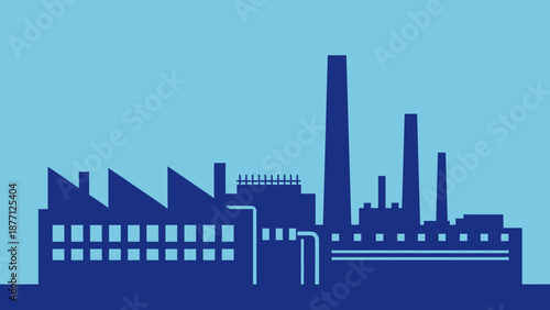 Minimalist factory silhouette with smokestacks against a blue sky