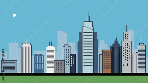 Modern City Skyline with Tall Buildings and Moon