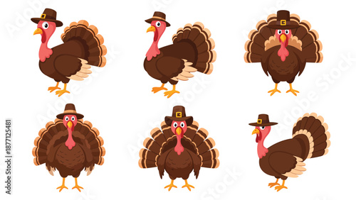 Thanksgiving Cartoon Turkeys in Pilgrim Hats - Vector Set of Festive Holiday Birds