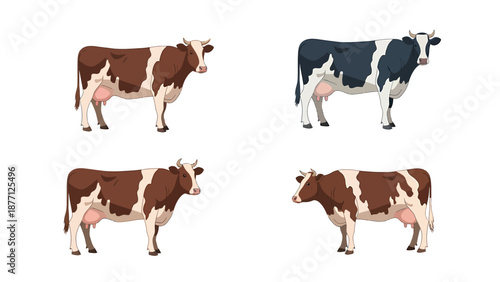 Cartoon dairy cows set. Vector illustration of farm animals: brown and white, black and white, isolated on white background.