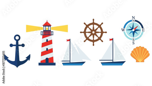 Nautical Icons: Anchor, Lighthouse, Sailboats, Compass, Ship Wheel, Seashell