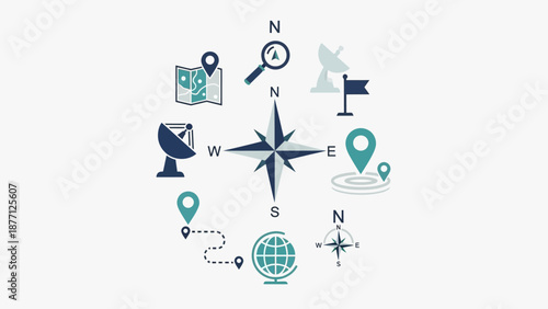 Navigation and Exploration Icons: Compass, Map, Globe, Satellite Dish, GPS