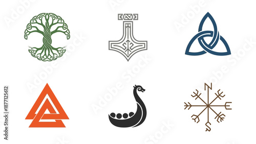 Norse Mythology Symbols: Yggdrasil, Mjolnir, Valknut, Triquetra, Viking Ship, Compass