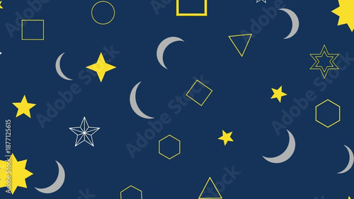 Night Sky Pattern: Moon, Stars, Geometric Shapes on Dark Blue Background