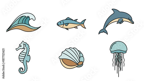 Ocean Life Icons: Wave, Fish, Dolphin, Seahorse, Shell, Jellyfish