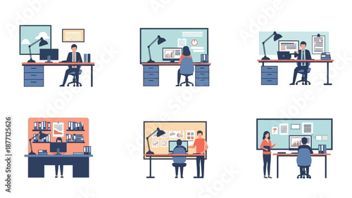 Office collaboration: people working at desks, analyzing data on notice boards