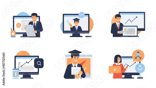 Online Education and Business Meeting Icons Set