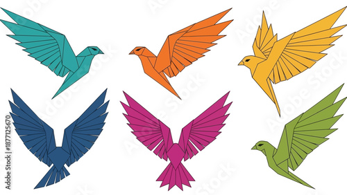 Origami Birds Flying, Colorful Paper Craft, Geometric Shapes, Isolated on White
