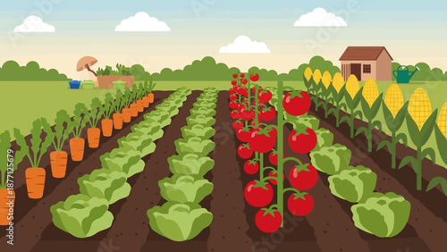 Organic Vegetable Garden with Rows of Carrots, Lettuce, Tomatoes, and Corn