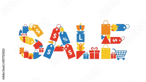 Sale Concept: Shopping Bags, Gifts, Tags & Icons on White Background