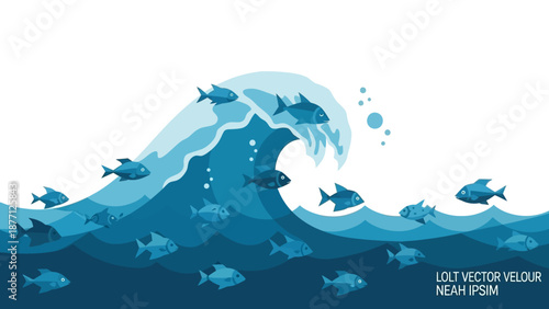 School of Fish Swimming in a Large Ocean Wave, Blue Water, Marine Life