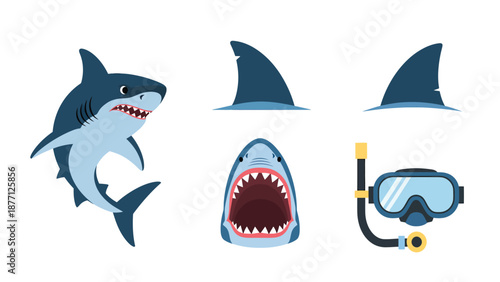 Cartoon Shark and Diving Gear Vector Set. Includes full shark, fins, open mouth, and snorkeling mask for marine themes.