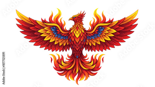 Vibrant Fiery Phoenix Bird Illustration with Spread Wings and Flame Details