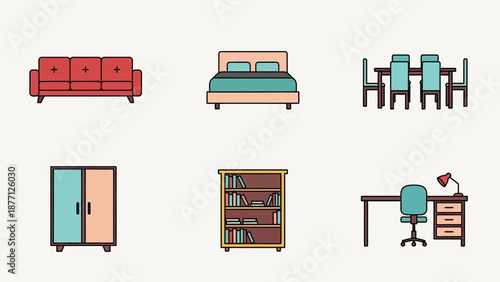 Set of modern furniture icons: sofa, bed, dining table, wardrobe, bookshelf, desk