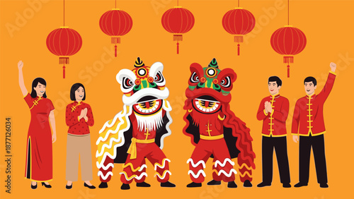 Vibrant celebration of traditional culture with performers in lion costumes and people in traditional attire under red lanterns