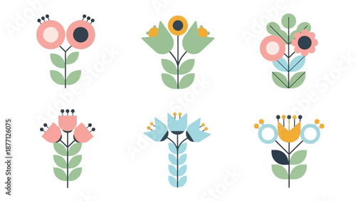 Set of stylized floral vector illustrations, Scandinavian folk art style