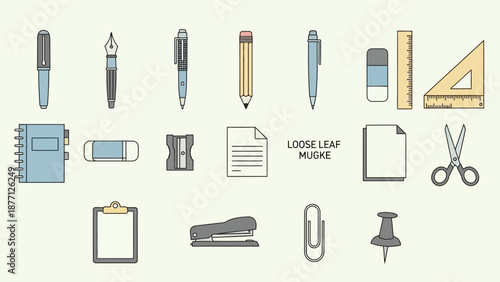 Stationery Collection: Pens, Pencils, Scissors, Ruler, Eraser, Stapler, Clips