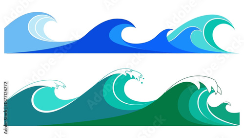 Stylized Ocean Waves Illustrations: Blue and Teal Sea Crests