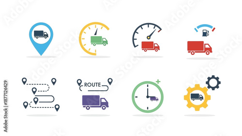 Truck Logistics Icons: Delivery, Speed, Route, Time, Fuel, Gear