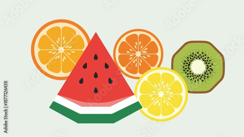 Vibrant Assortment of Fresh Fruits - Watermelon, Orange, Lemon, Kiwi Slices