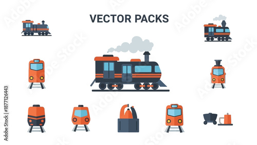 Vector Train Icons Collection: Locomotive, Subway, Freight Car, Railway Transportation