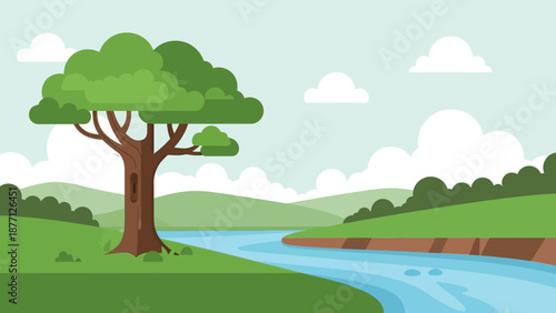 Vibrant Flat Design Landscape with River, Tree, and Rolling Hills