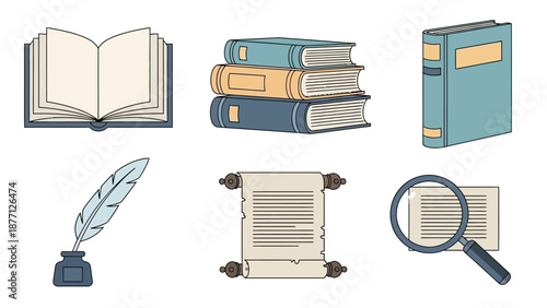 Vintage Books, Quill Pen, Scroll, Magnifying Glass Icons - Knowledge Concept