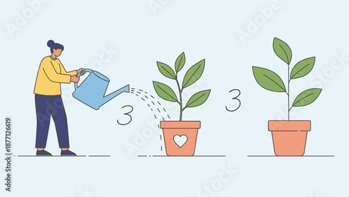 Woman watering plant for growth, symbolizing care and nurturing ideas