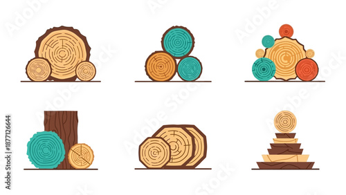 Wood log icons, timber slices, tree rings, lumber, forest, natural material design