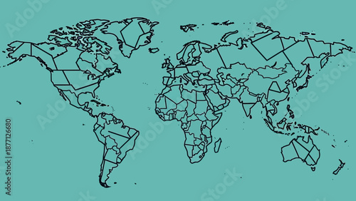 World Map Outline with Political Borders on Teal Background