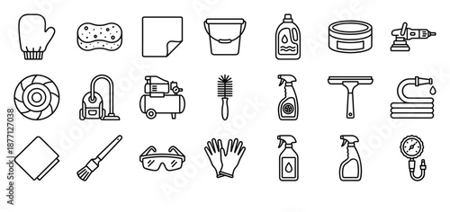 Set of Simple Outline Car Detailing Icons, Cleaning and Maintenance Tools