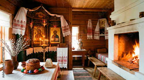 Wallpaper Mural Traditional Easter interior with icons, festive food, and a warm fireplace in a rustic wooden house Torontodigital.ca
