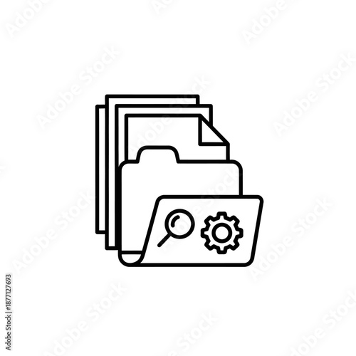 Stack of Diverse Document Files with Search and Settings Icons for Data Organization