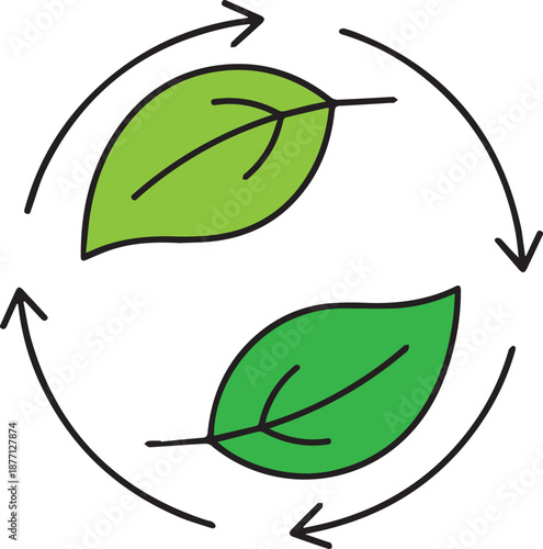 A clean vector illustration featuring two vibrant green leaves enclosed in a circular motion by thin black arrows, symbolizing organic recycling, renewable energy, and eco-friendly cycles.