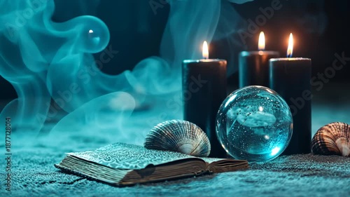 Mystical candlelit scene with crystal ball and smoke in serene atmosphere