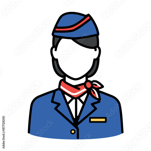 A female airline crew member in uniform standing against a white background