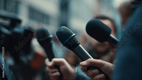 Detail of journalists holding microphones during street interview, modern reportage style